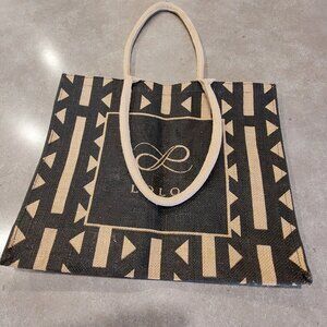 LOLOI Geometric Burlap Jute Shopping Tote Bag w/Sturdy Handles - Black/Tan Large